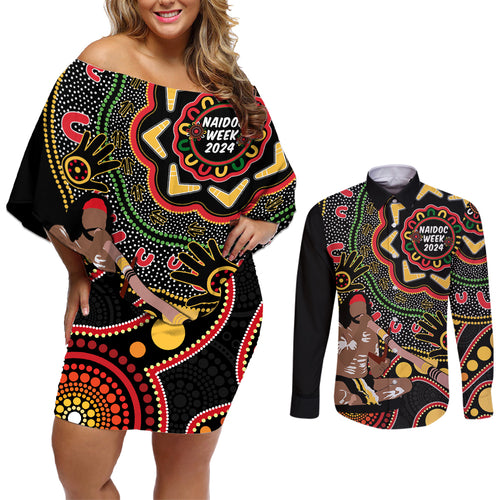 Australia Didgeridoo NAIDOC Week 2024 Couples Matching Off Shoulder Short Dress and Long Sleeve Button Shirt Keep The Fire Burning Blak Loud and Proud