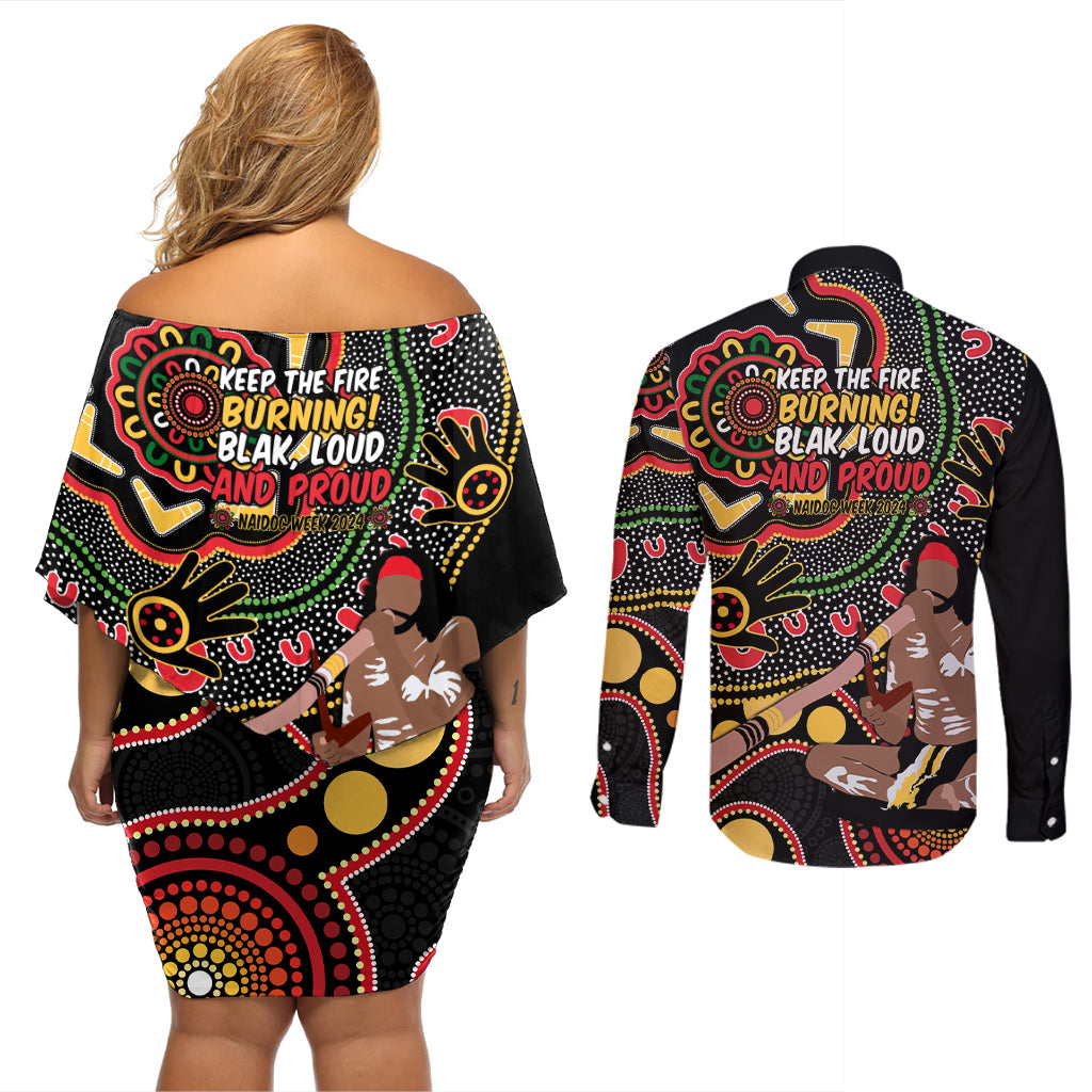 Australia Didgeridoo NAIDOC Week 2024 Couples Matching Off Shoulder Short Dress and Long Sleeve Button Shirt Keep The Fire Burning Blak Loud and Proud