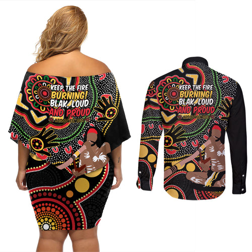 Australia Didgeridoo NAIDOC Week 2024 Couples Matching Off Shoulder Short Dress and Long Sleeve Button Shirt Keep The Fire Burning Blak Loud and Proud