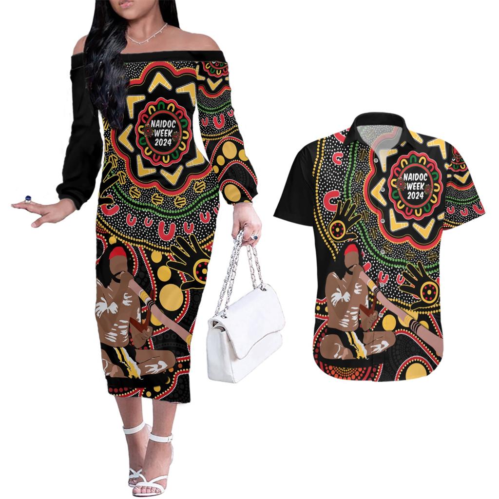 Australia Didgeridoo NAIDOC Week 2024 Couples Matching Off The Shoulder Long Sleeve Dress and Hawaiian Shirt Keep The Fire Burning Blak Loud and Proud