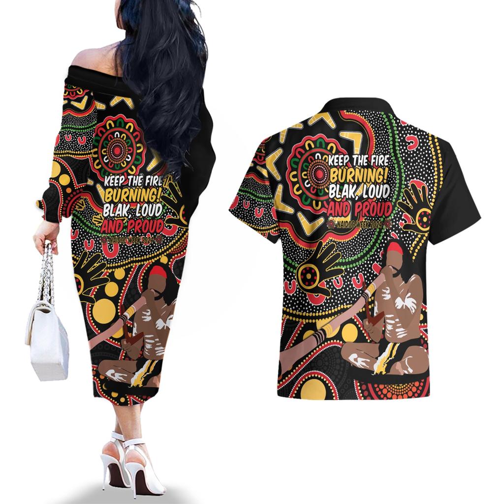 Australia Didgeridoo NAIDOC Week 2024 Couples Matching Off The Shoulder Long Sleeve Dress and Hawaiian Shirt Keep The Fire Burning Blak Loud and Proud