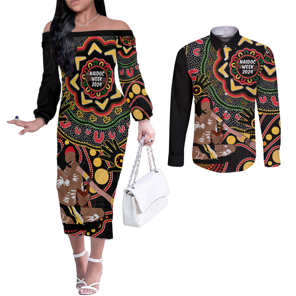 Australia Didgeridoo NAIDOC Week 2024 Couples Matching Off The Shoulder Long Sleeve Dress and Long Sleeve Button Shirt Keep The Fire Burning Blak Loud and Proud
