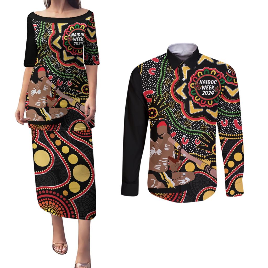 Australia Didgeridoo NAIDOC Week 2024 Couples Matching Puletasi and Long Sleeve Button Shirt Keep The Fire Burning Blak Loud and Proud