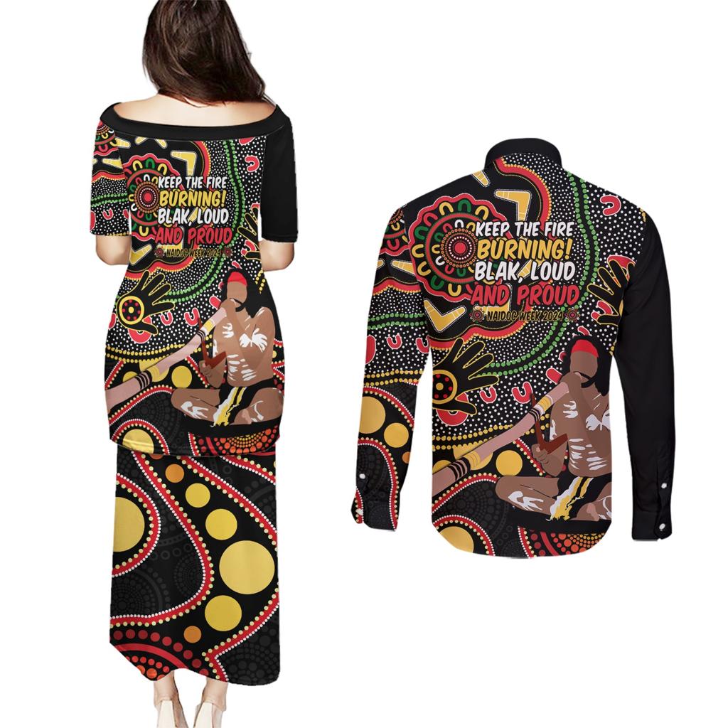 Australia Didgeridoo NAIDOC Week 2024 Couples Matching Puletasi and Long Sleeve Button Shirt Keep The Fire Burning Blak Loud and Proud