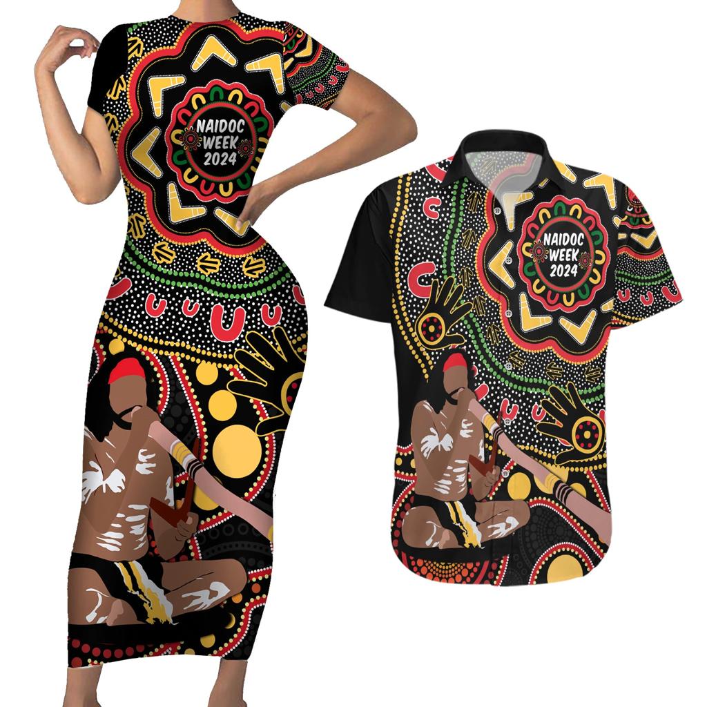 Australia Didgeridoo NAIDOC Week 2024 Couples Matching Short Sleeve Bodycon Dress and Hawaiian Shirt Keep The Fire Burning Blak Loud and Proud