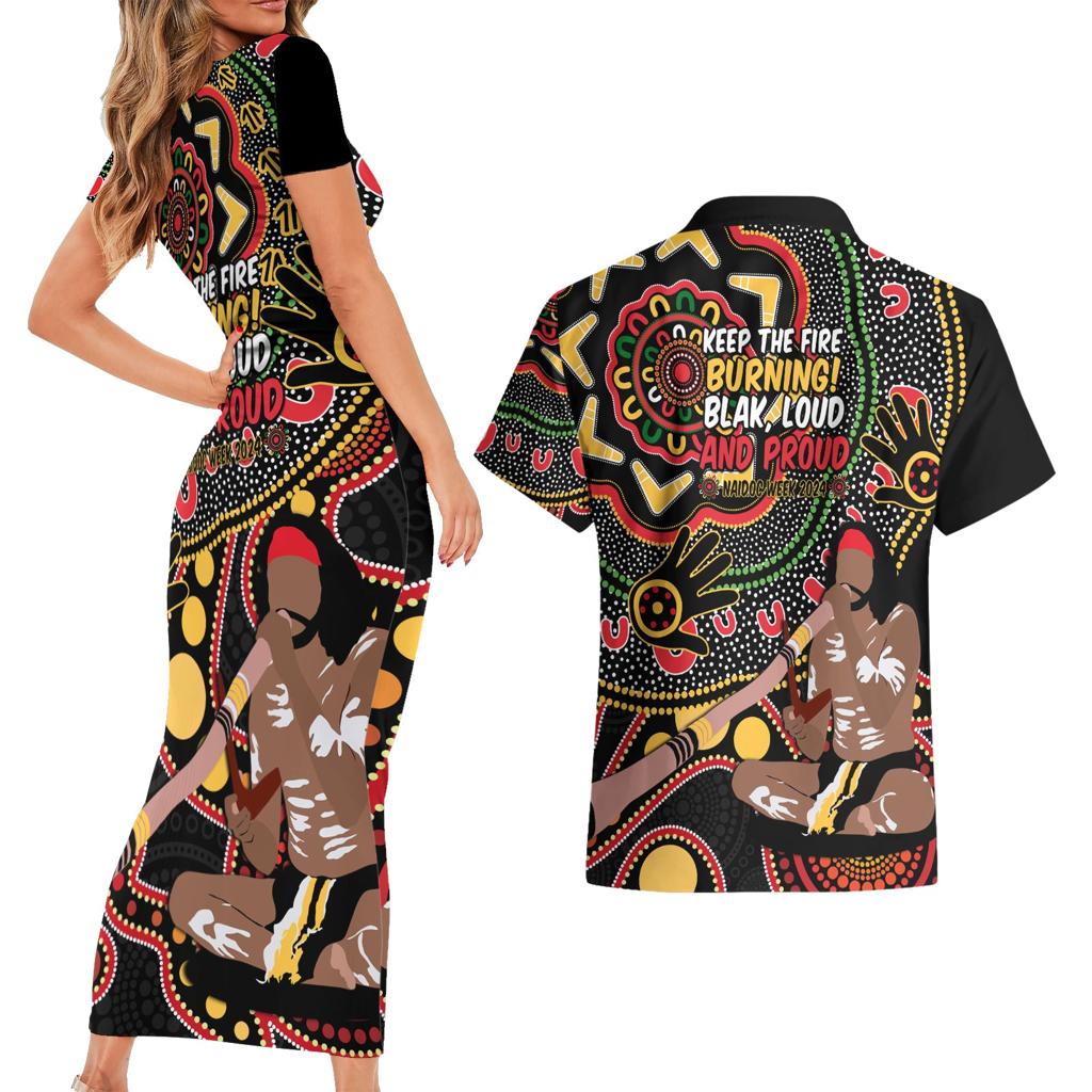 Australia Didgeridoo NAIDOC Week 2024 Couples Matching Short Sleeve Bodycon Dress and Hawaiian Shirt Keep The Fire Burning Blak Loud and Proud
