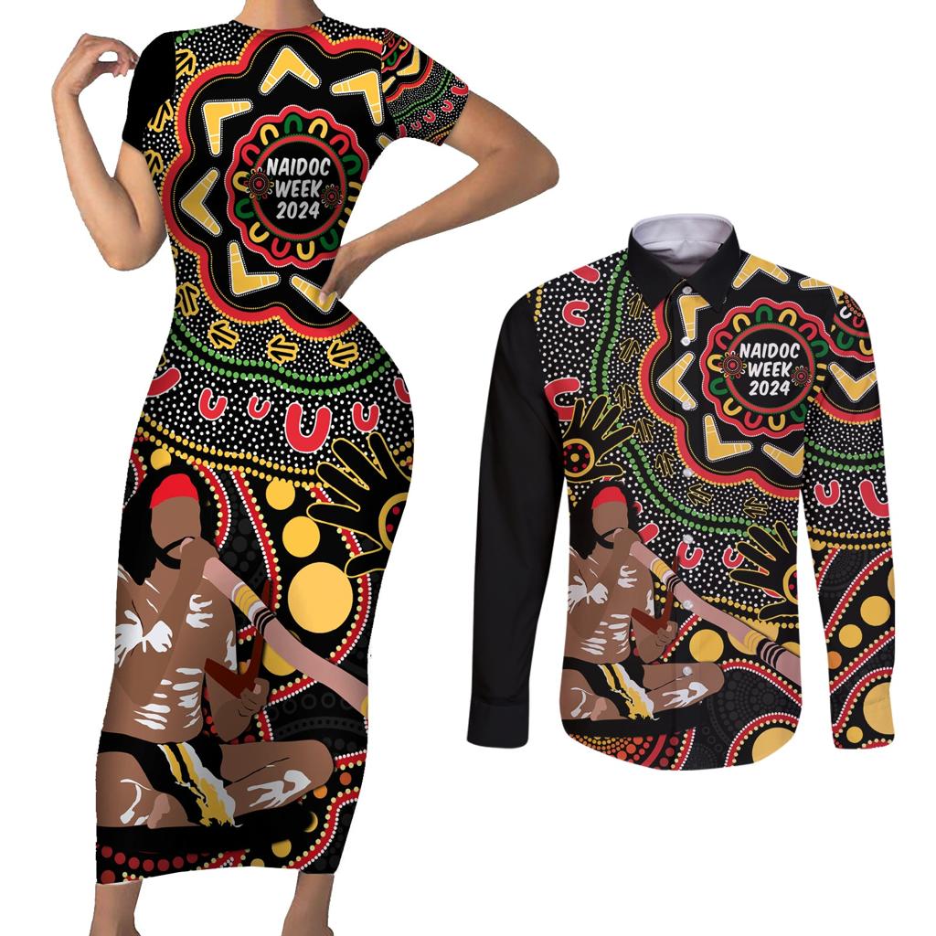 Australia Didgeridoo NAIDOC Week 2024 Couples Matching Short Sleeve Bodycon Dress and Long Sleeve Button Shirt Keep The Fire Burning Blak Loud and Proud