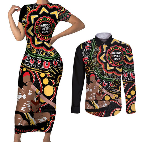 Australia Didgeridoo NAIDOC Week 2024 Couples Matching Short Sleeve Bodycon Dress and Long Sleeve Button Shirt Keep The Fire Burning Blak Loud and Proud
