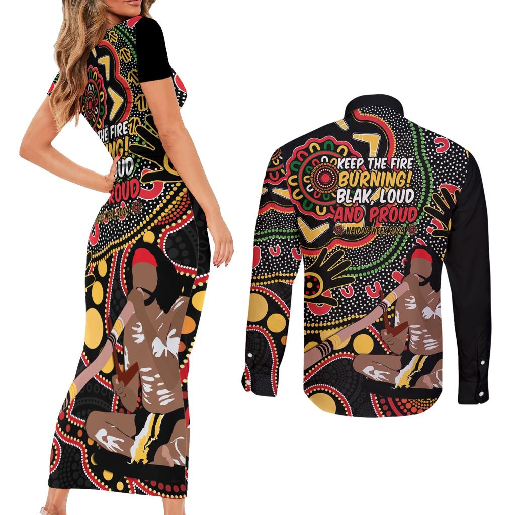 Australia Didgeridoo NAIDOC Week 2024 Couples Matching Short Sleeve Bodycon Dress and Long Sleeve Button Shirt Keep The Fire Burning Blak Loud and Proud