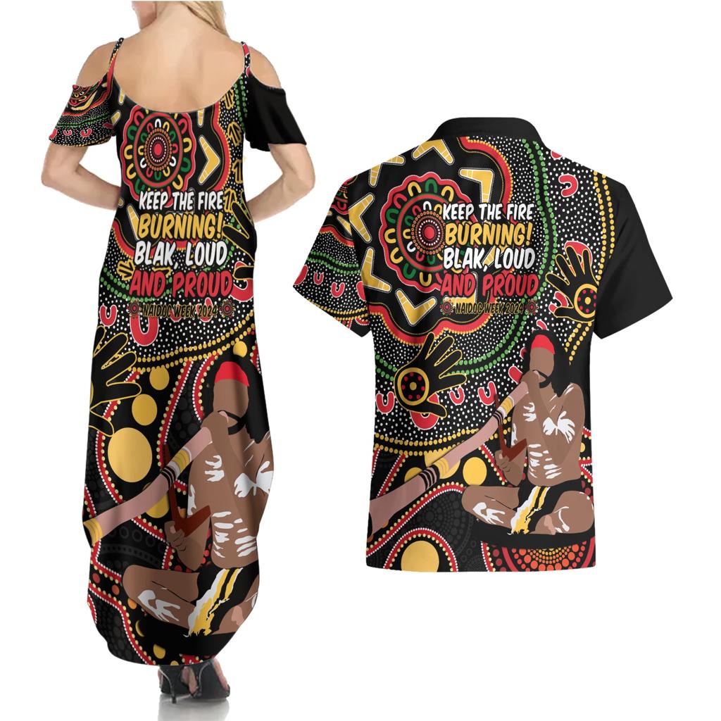 Australia Didgeridoo NAIDOC Week 2024 Couples Matching Summer Maxi Dress and Hawaiian Shirt Keep The Fire Burning Blak Loud and Proud