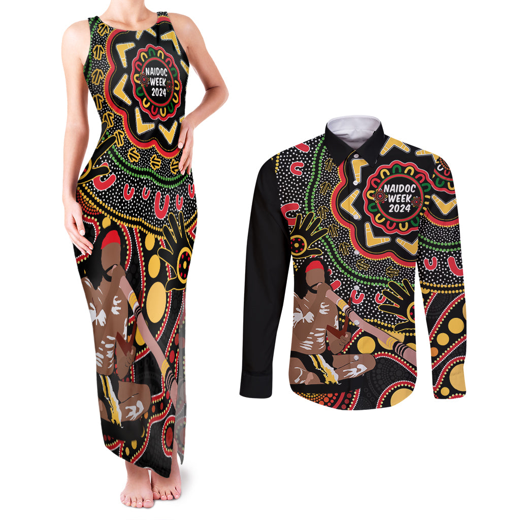 Australia Didgeridoo NAIDOC Week 2024 Couples Matching Tank Maxi Dress and Long Sleeve Button Shirt Keep The Fire Burning Blak Loud and Proud