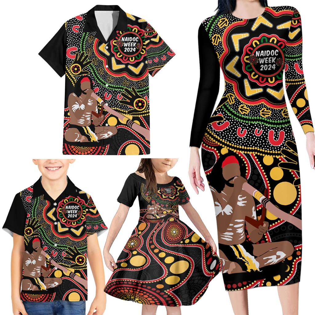 Australia Didgeridoo NAIDOC Week 2024 Family Matching Long Sleeve Bodycon Dress and Hawaiian Shirt Keep The Fire Burning Blak Loud and Proud