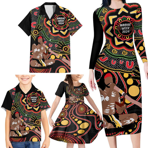 Australia Didgeridoo NAIDOC Week 2024 Family Matching Long Sleeve Bodycon Dress and Hawaiian Shirt Keep The Fire Burning Blak Loud and Proud