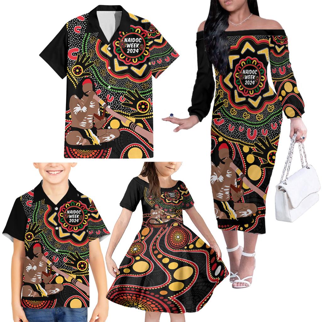 Australia Didgeridoo NAIDOC Week 2024 Family Matching Off Shoulder Long Sleeve Dress and Hawaiian Shirt Keep The Fire Burning Blak Loud and Proud