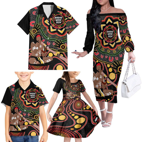 Australia Didgeridoo NAIDOC Week 2024 Family Matching Off Shoulder Long Sleeve Dress and Hawaiian Shirt Keep The Fire Burning Blak Loud and Proud