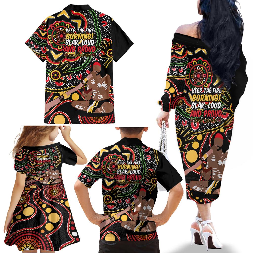Australia Didgeridoo NAIDOC Week 2024 Family Matching Off Shoulder Long Sleeve Dress and Hawaiian Shirt Keep The Fire Burning Blak Loud and Proud