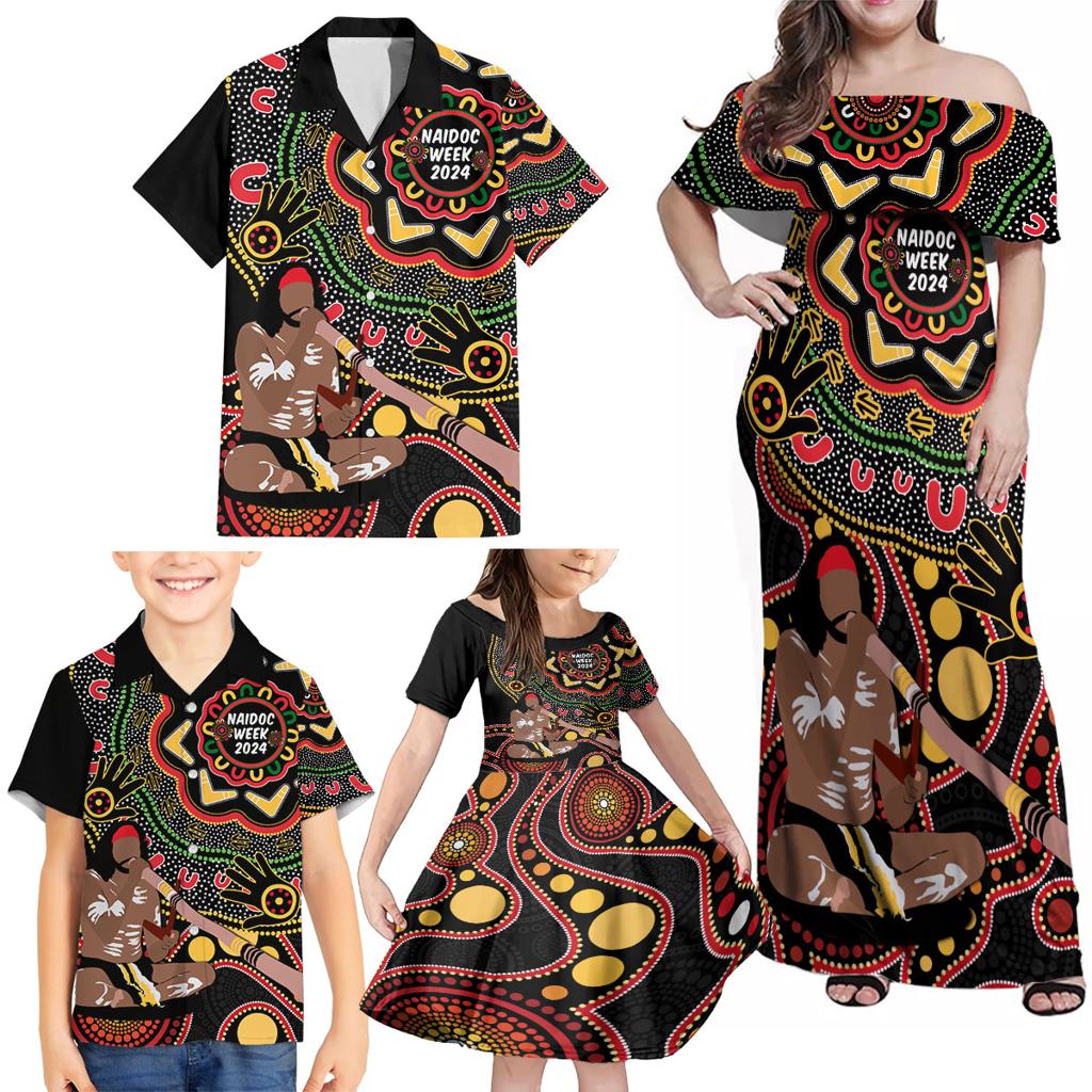 Australia Didgeridoo NAIDOC Week 2024 Family Matching Off Shoulder Maxi Dress and Hawaiian Shirt Keep The Fire Burning Blak Loud and Proud