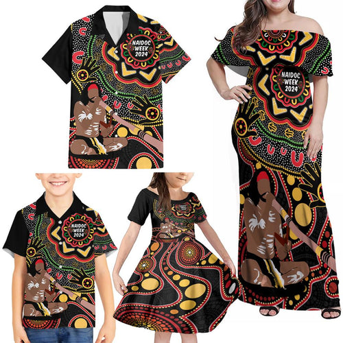 Australia Didgeridoo NAIDOC Week 2024 Family Matching Off Shoulder Maxi Dress and Hawaiian Shirt Keep The Fire Burning Blak Loud and Proud