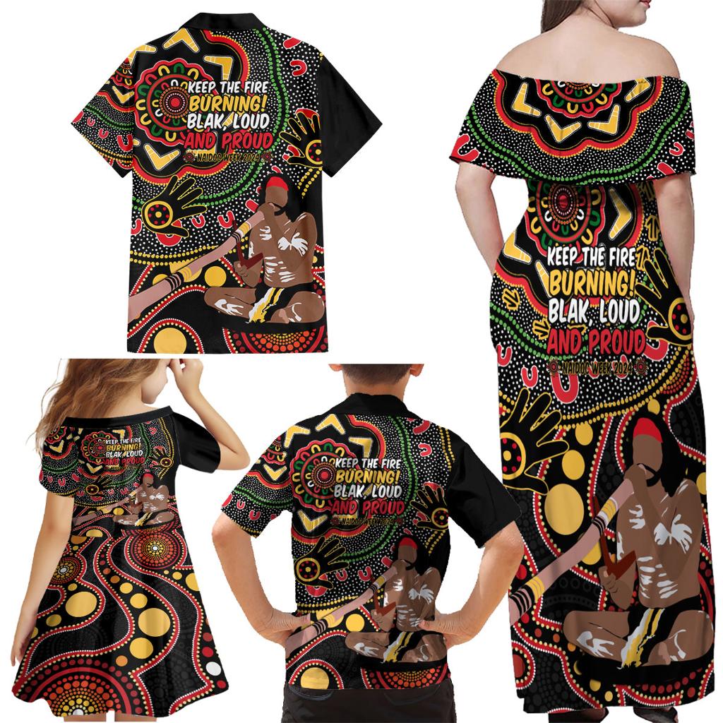 Australia Didgeridoo NAIDOC Week 2024 Family Matching Off Shoulder Maxi Dress and Hawaiian Shirt Keep The Fire Burning Blak Loud and Proud
