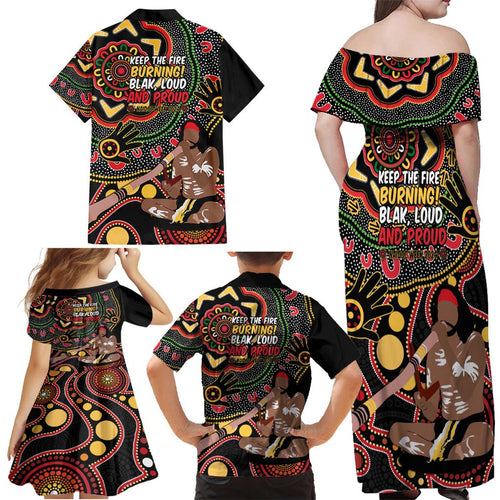 Australia Didgeridoo NAIDOC Week 2024 Family Matching Off Shoulder Maxi Dress and Hawaiian Shirt Keep The Fire Burning Blak Loud and Proud