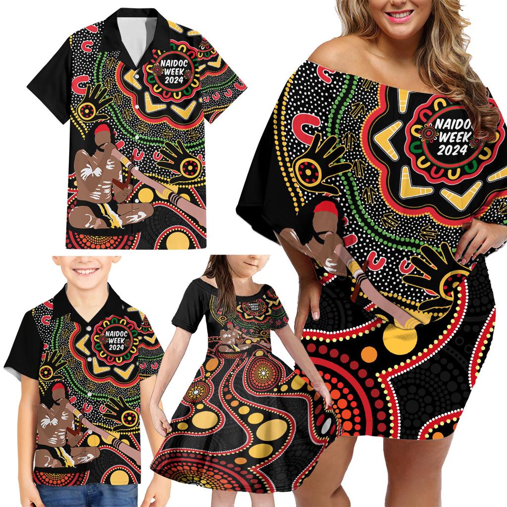 Australia Didgeridoo NAIDOC Week 2024 Family Matching Off Shoulder Short Dress and Hawaiian Shirt Keep The Fire Burning Blak Loud and Proud