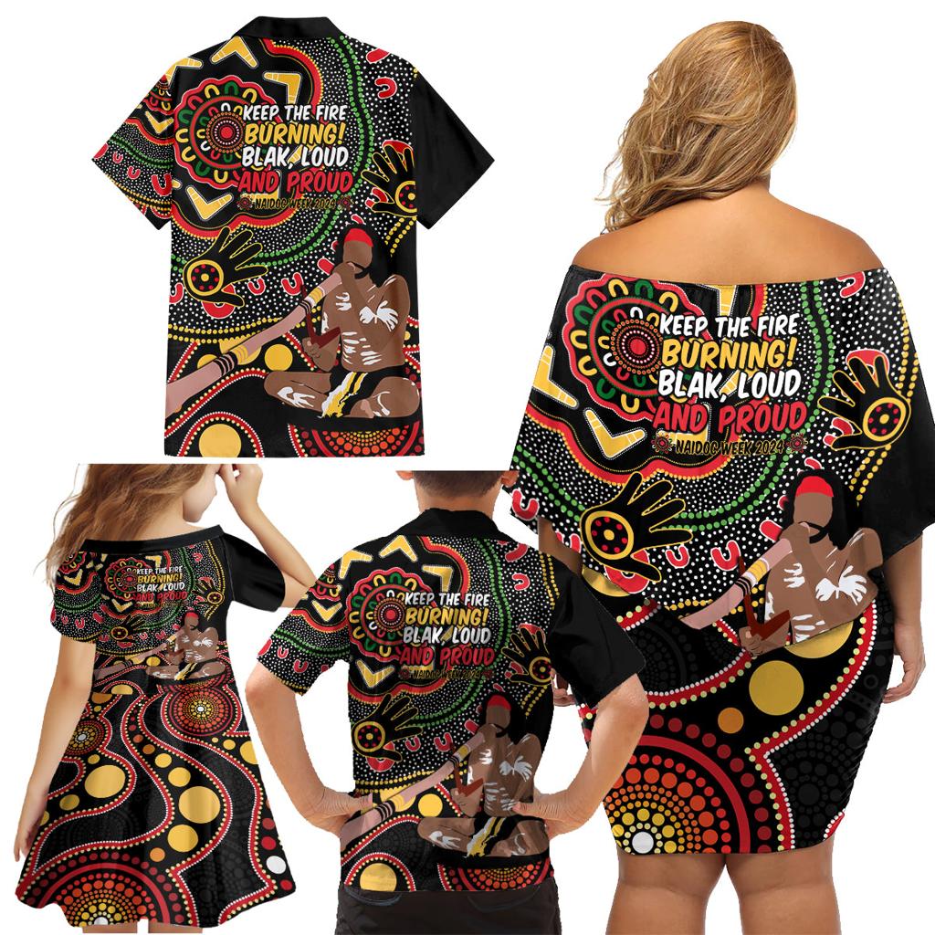 Australia Didgeridoo NAIDOC Week 2024 Family Matching Off Shoulder Short Dress and Hawaiian Shirt Keep The Fire Burning Blak Loud and Proud