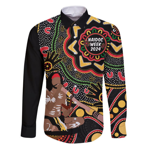Australia Didgeridoo NAIDOC Week 2024 Family Matching Off Shoulder Short Dress and Hawaiian Shirt Keep The Fire Burning Blak Loud and Proud