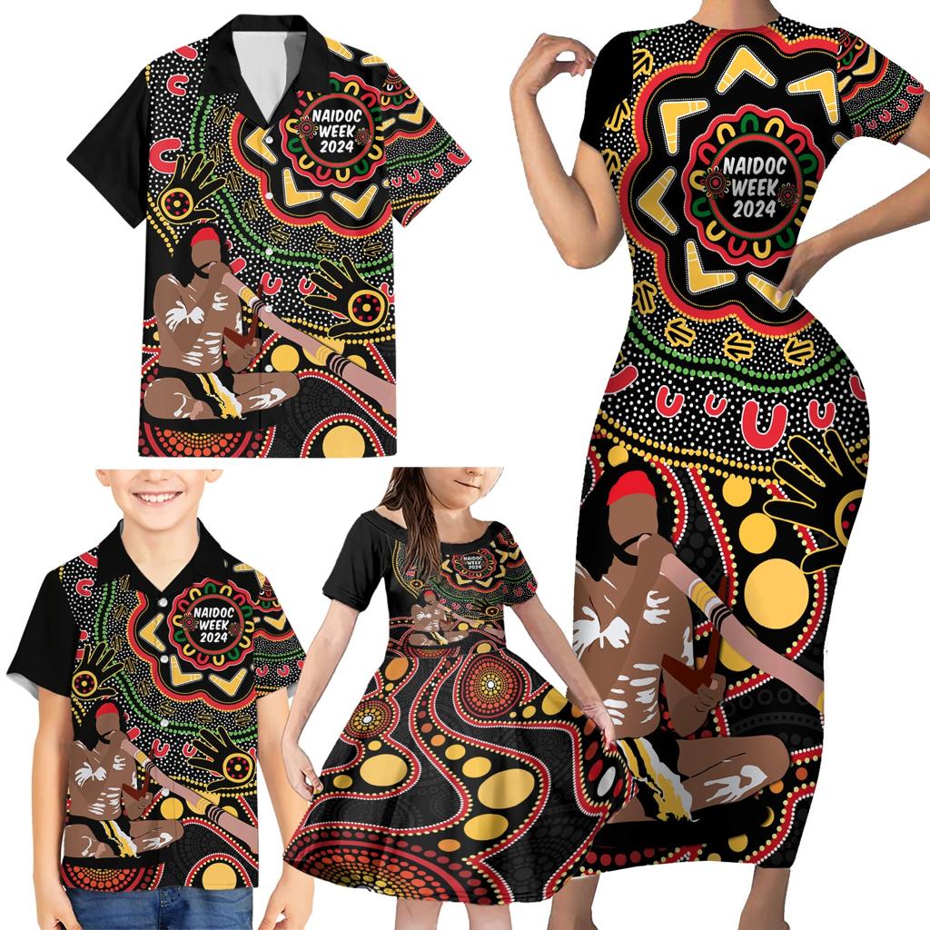 Australia Didgeridoo NAIDOC Week 2024 Family Matching Short Sleeve Bodycon Dress and Hawaiian Shirt Keep The Fire Burning Blak Loud and Proud