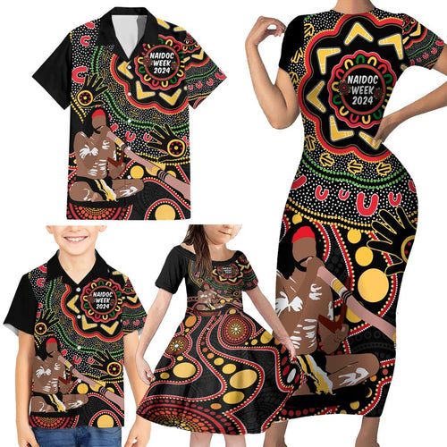 Australia Didgeridoo NAIDOC Week 2024 Family Matching Short Sleeve Bodycon Dress and Hawaiian Shirt Keep The Fire Burning Blak Loud and Proud