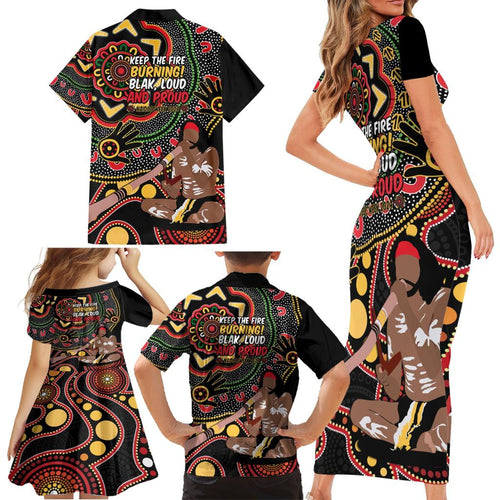 Australia Didgeridoo NAIDOC Week 2024 Family Matching Short Sleeve Bodycon Dress and Hawaiian Shirt Keep The Fire Burning Blak Loud and Proud