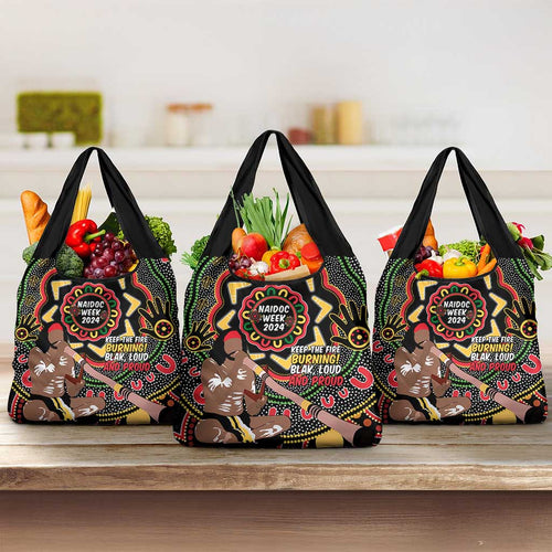 Australia Didgeridoo NAIDOC Week 2024 Grocery Bag Keep The Fire Burning Blak Loud and Proud