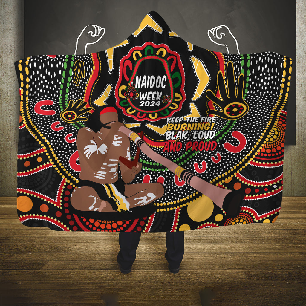 Australia Didgeridoo NAIDOC Week 2024 Hooded Blanket Keep The Fire Burning Blak Loud and Proud