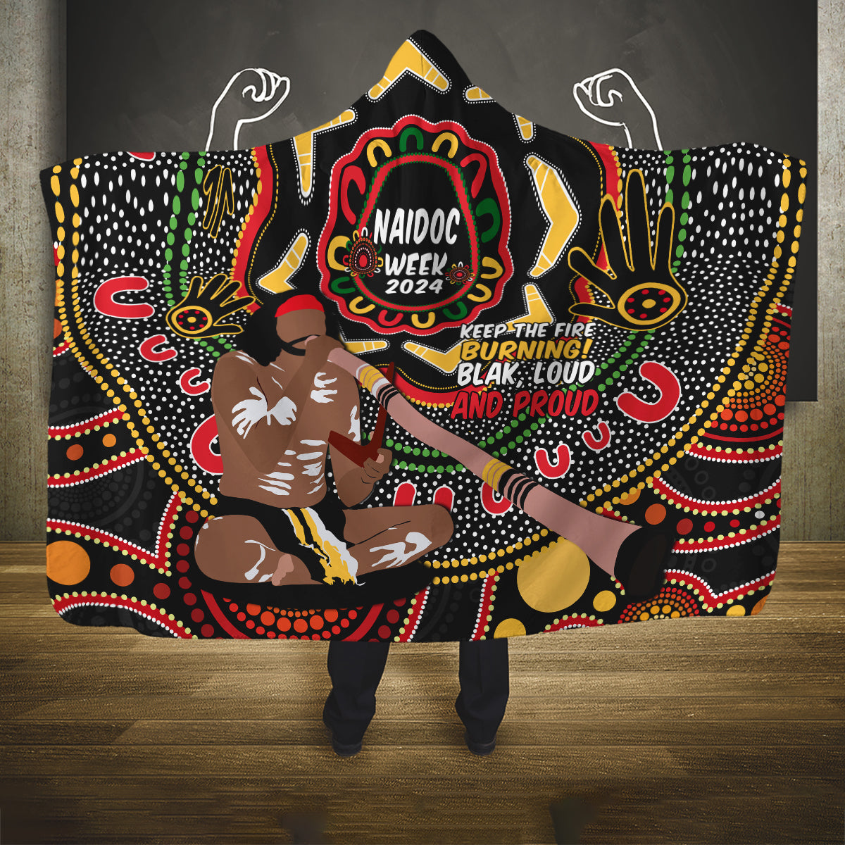 Australia Didgeridoo NAIDOC Week 2024 Hooded Blanket Keep The Fire Burning Blak Loud and Proud