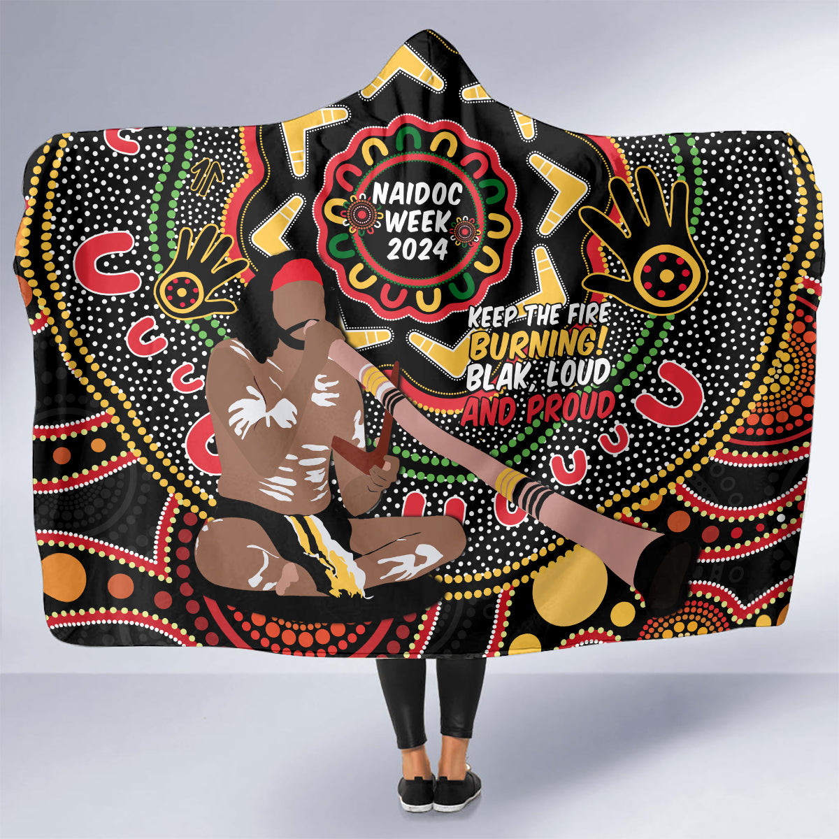Australia Didgeridoo NAIDOC Week 2024 Hooded Blanket Keep The Fire Burning Blak Loud and Proud