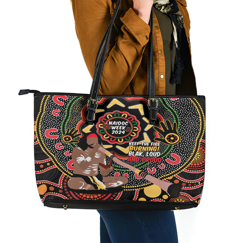 Australia Didgeridoo NAIDOC Week 2024 Leather Tote Bag Keep The Fire Burning Blak Loud and Proud