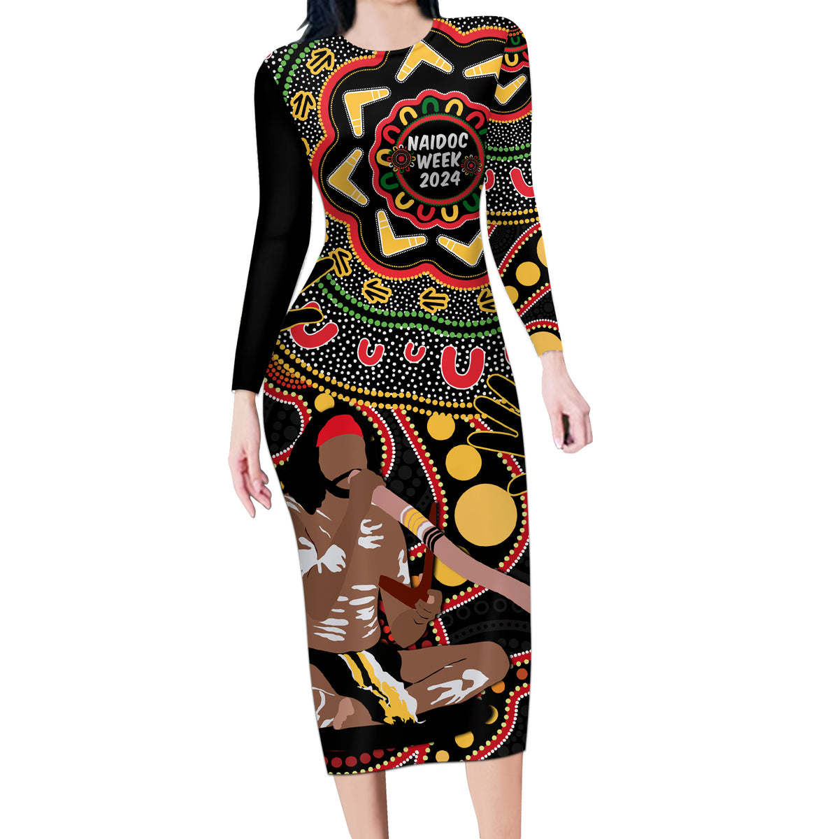 Australia Didgeridoo NAIDOC Week 2024 Long Sleeve Bodycon Dress Keep The Fire Burning Blak Loud and Proud