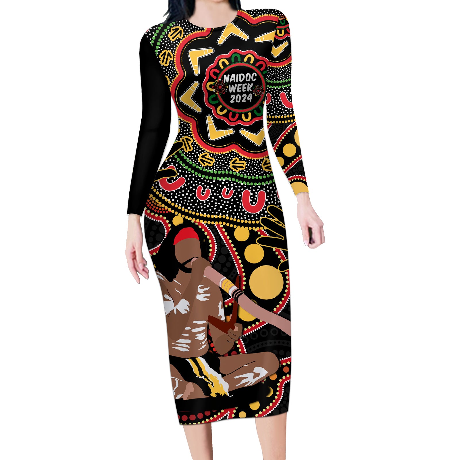 Australia Didgeridoo NAIDOC Week 2024 Long Sleeve Bodycon Dress Keep The Fire Burning Blak Loud and Proud