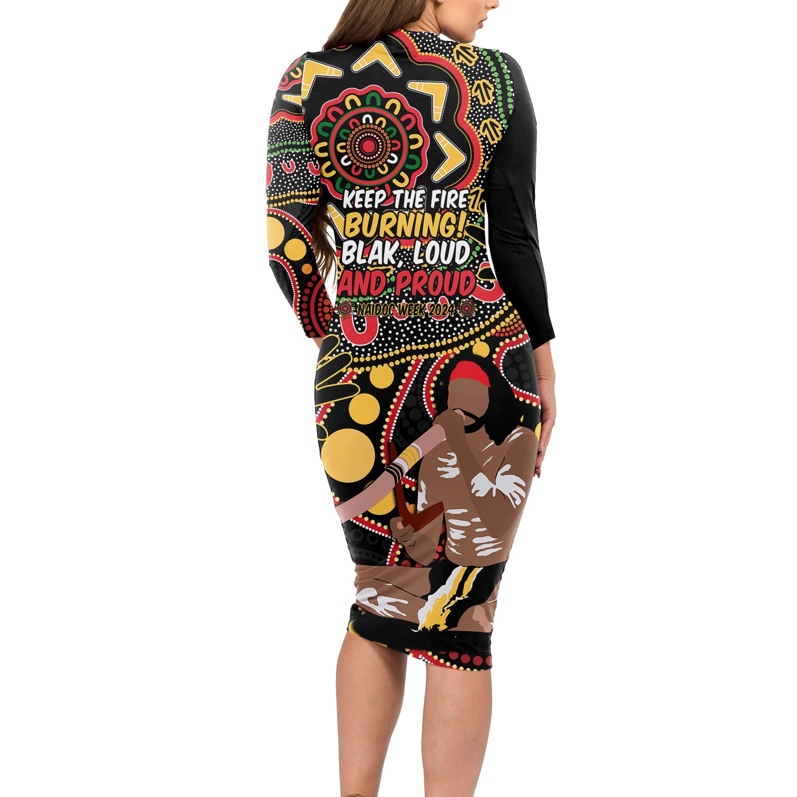 Australia Didgeridoo NAIDOC Week 2024 Long Sleeve Bodycon Dress Keep The Fire Burning Blak Loud and Proud
