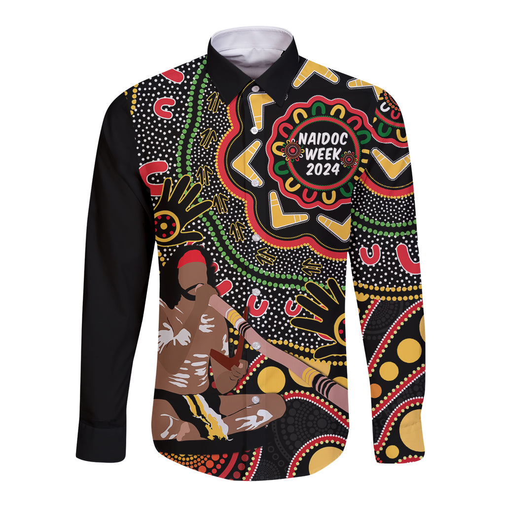 Australia Didgeridoo NAIDOC Week 2024 Long Sleeve Button Shirt Keep The Fire Burning Blak Loud and Proud