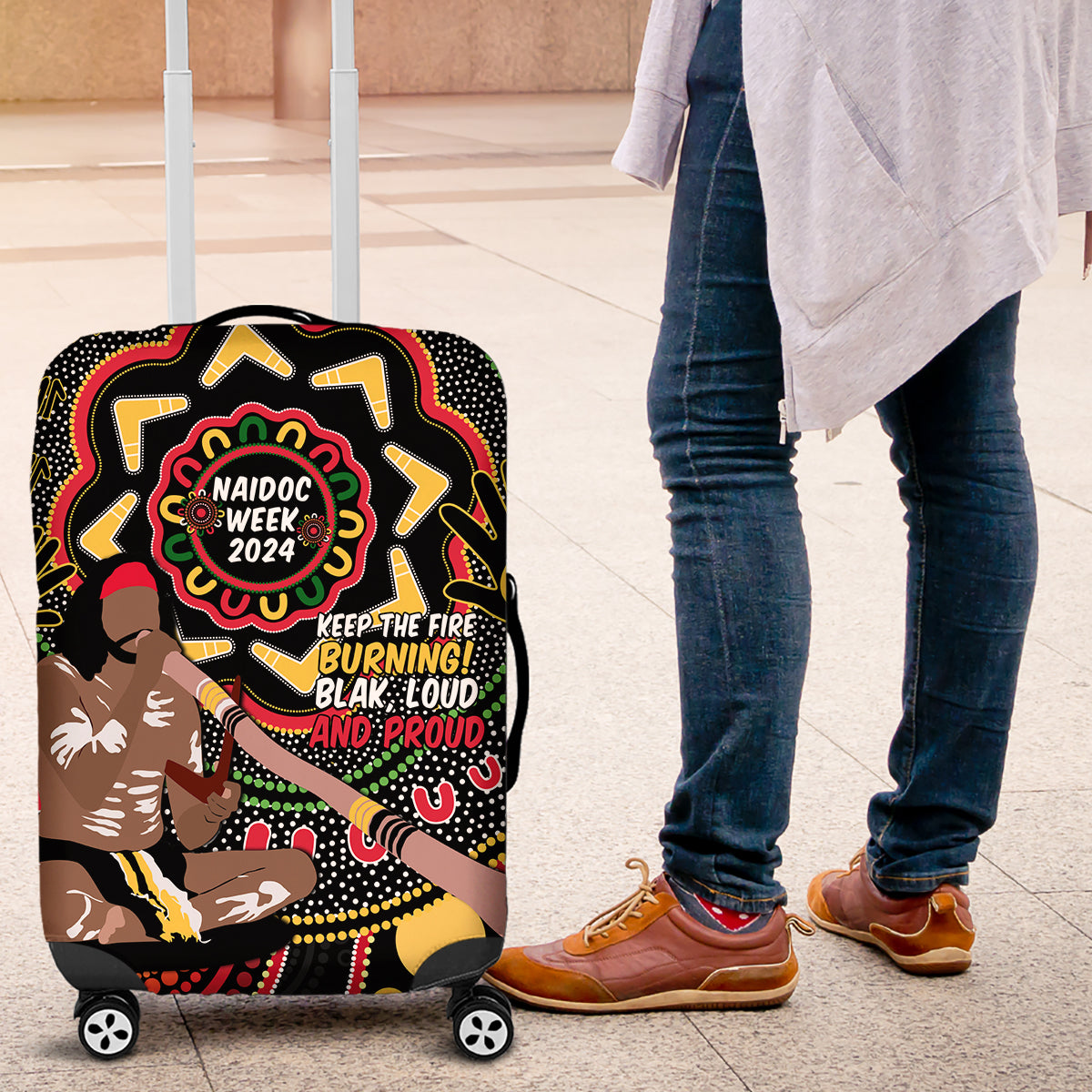 Australia Didgeridoo NAIDOC Week 2024 Luggage Cover Keep The Fire Burning Blak Loud and Proud