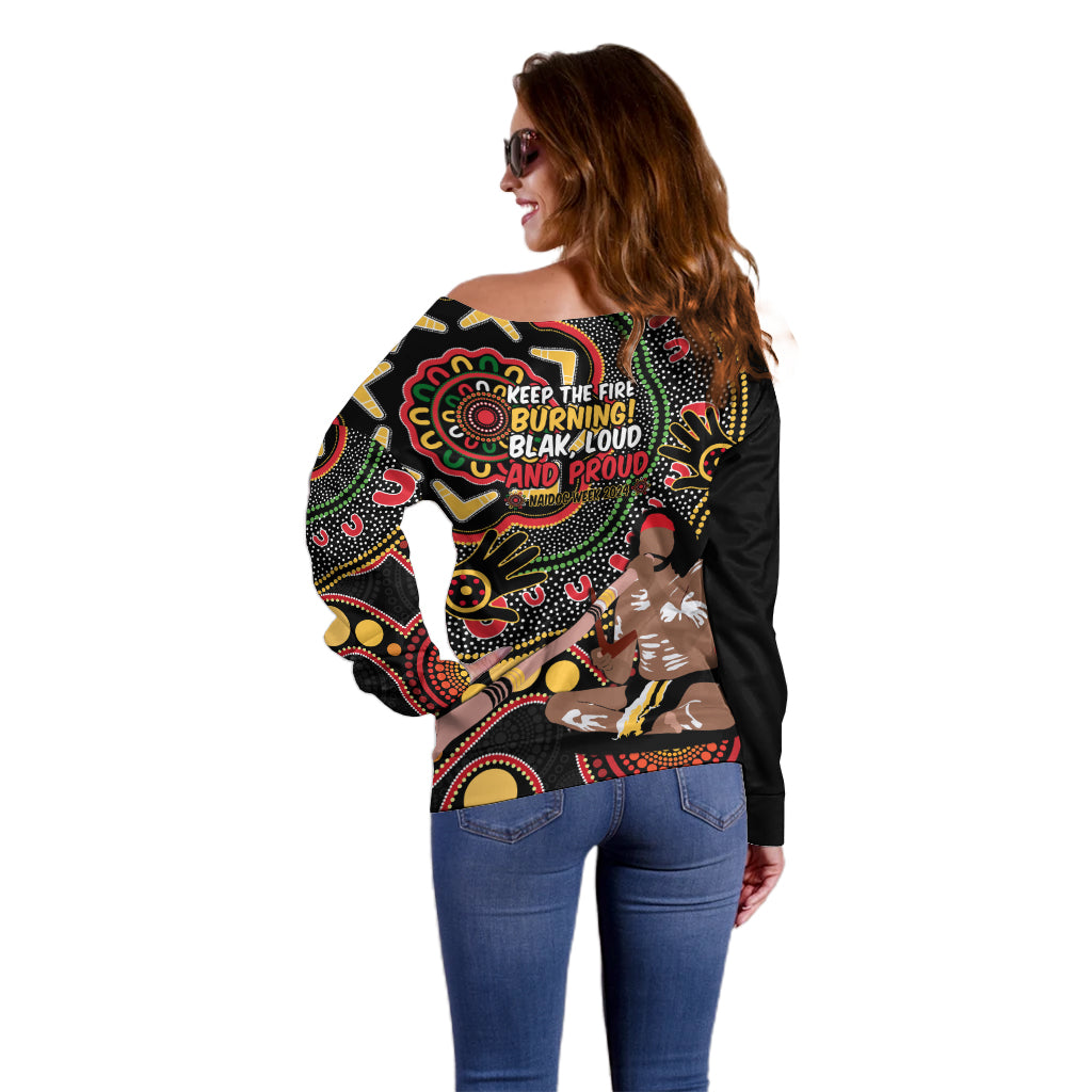 Australia Didgeridoo NAIDOC Week 2024 Off Shoulder Sweater Keep The Fire Burning Blak Loud and Proud