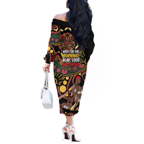 Australia Didgeridoo NAIDOC Week 2024 Off The Shoulder Long Sleeve Dress Keep The Fire Burning Blak Loud and Proud