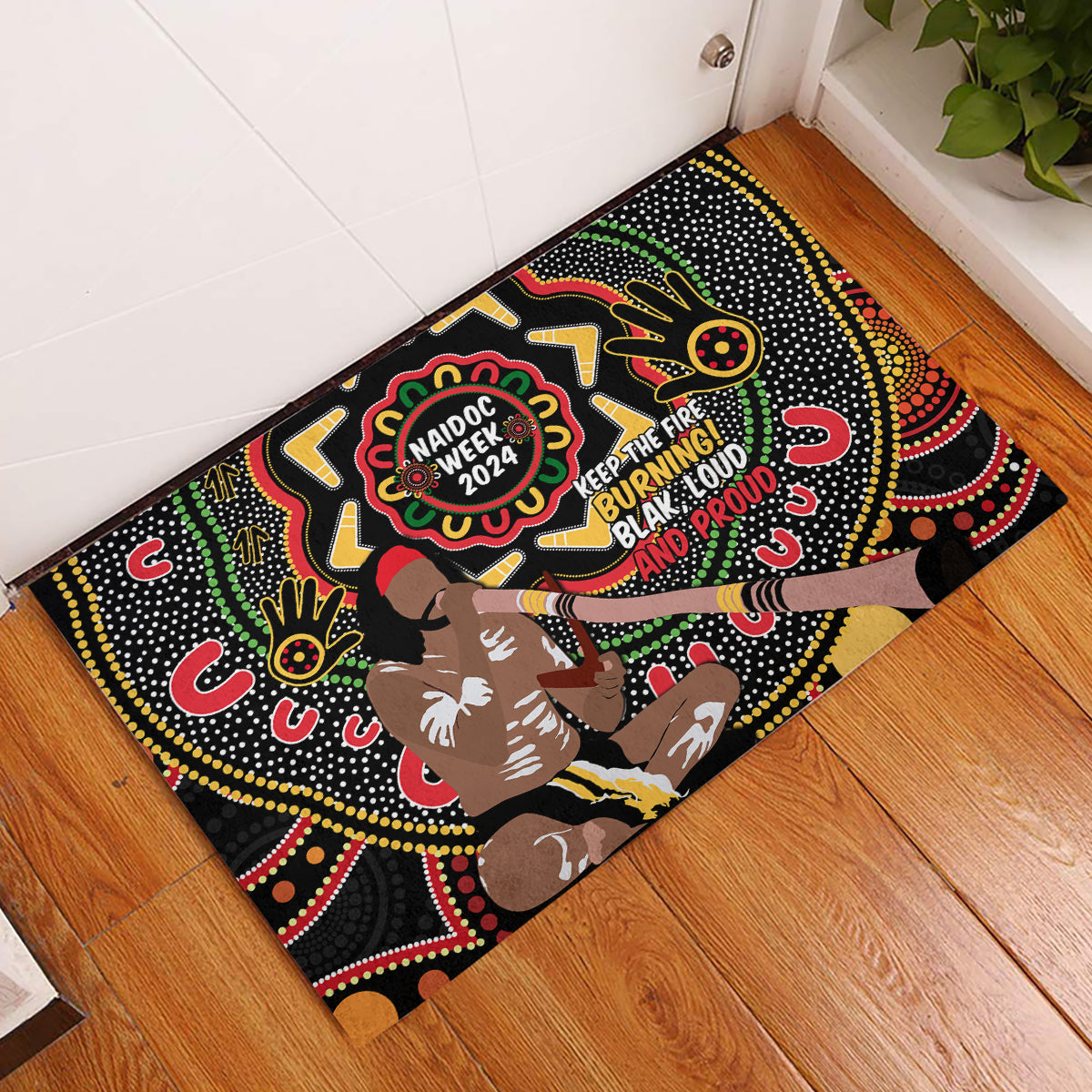 Australia Didgeridoo NAIDOC Week 2024 Rubber Doormat Keep The Fire Burning Blak Loud and Proud