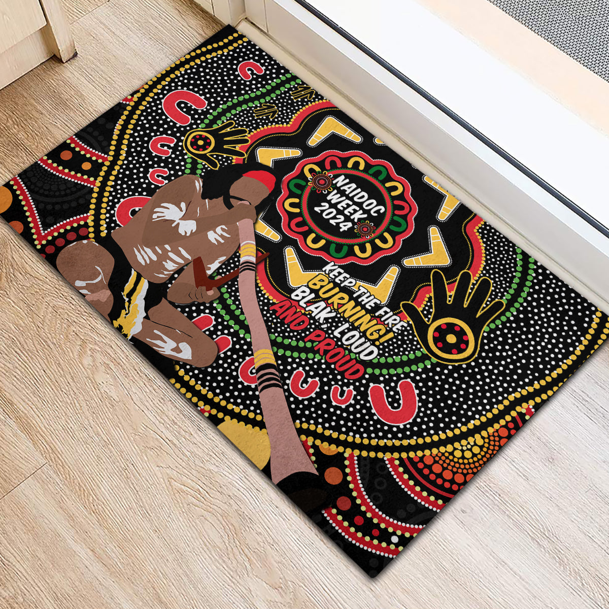 Australia Didgeridoo NAIDOC Week 2024 Rubber Doormat Keep The Fire Burning Blak Loud and Proud