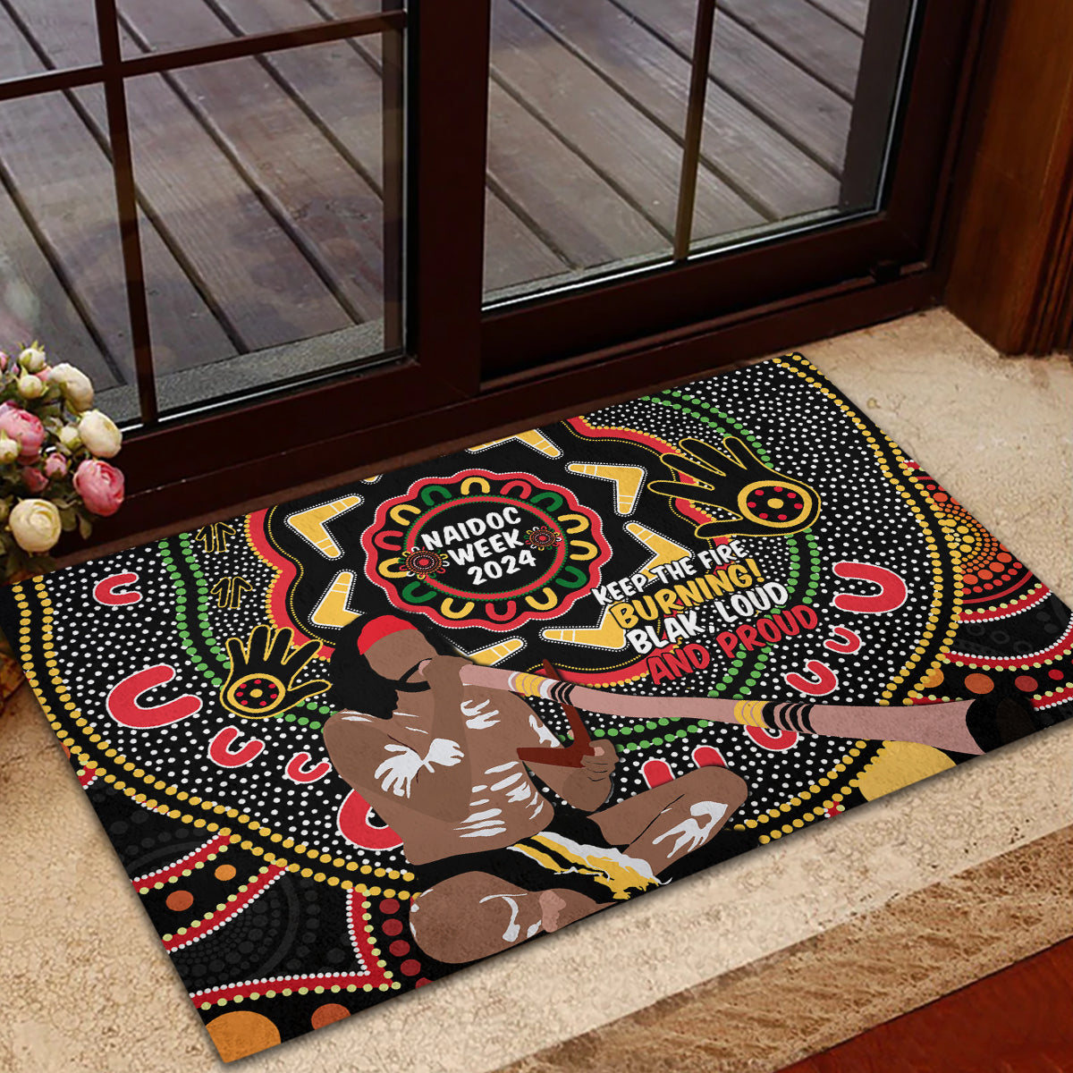 Australia Didgeridoo NAIDOC Week 2024 Rubber Doormat Keep The Fire Burning Blak Loud and Proud