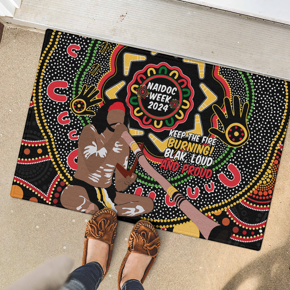 Australia Didgeridoo NAIDOC Week 2024 Rubber Doormat Keep The Fire Burning Blak Loud and Proud
