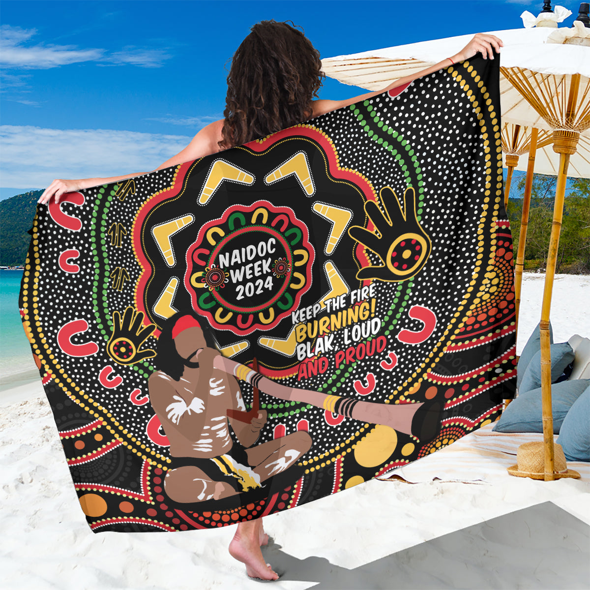Australia Didgeridoo NAIDOC Week 2024 Sarong Keep The Fire Burning Blak Loud and Proud