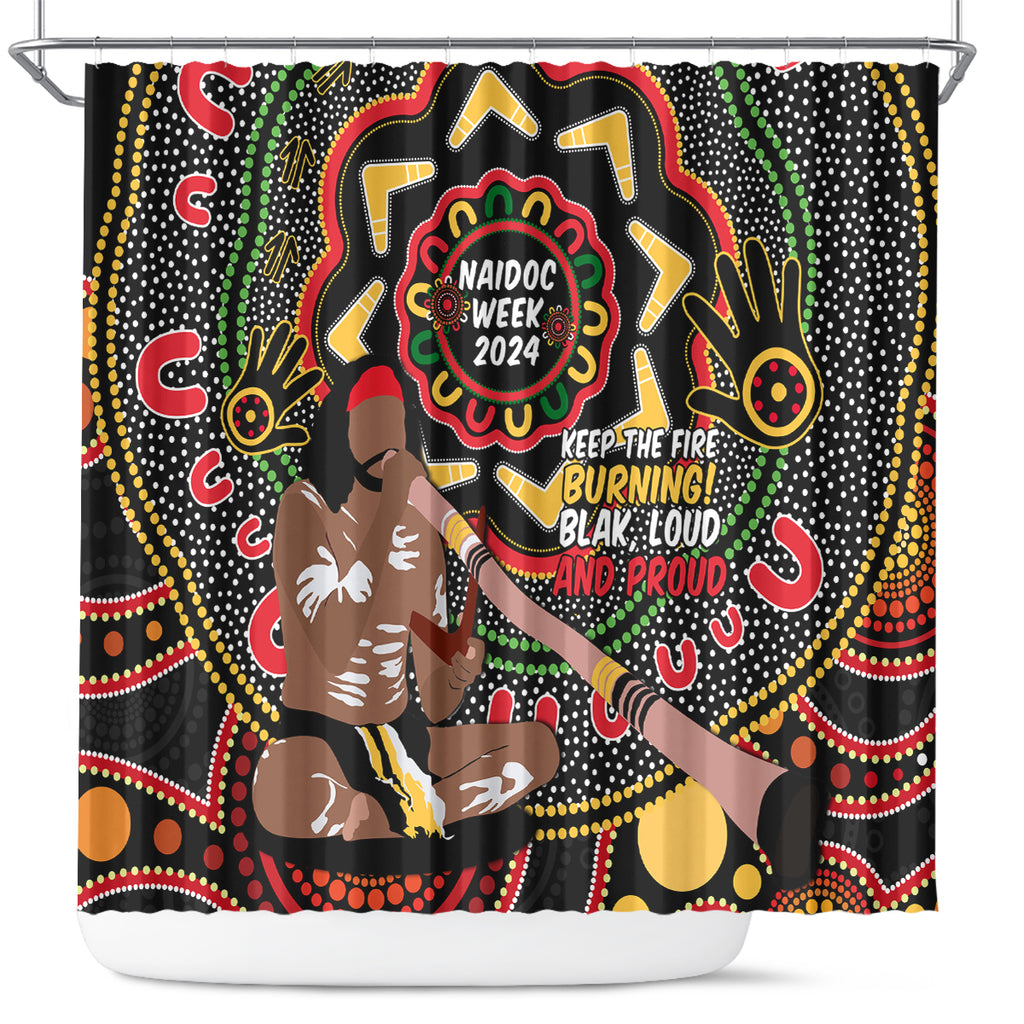 Australia Didgeridoo NAIDOC Week 2024 Shower Curtain Keep The Fire Burning Blak Loud and Proud