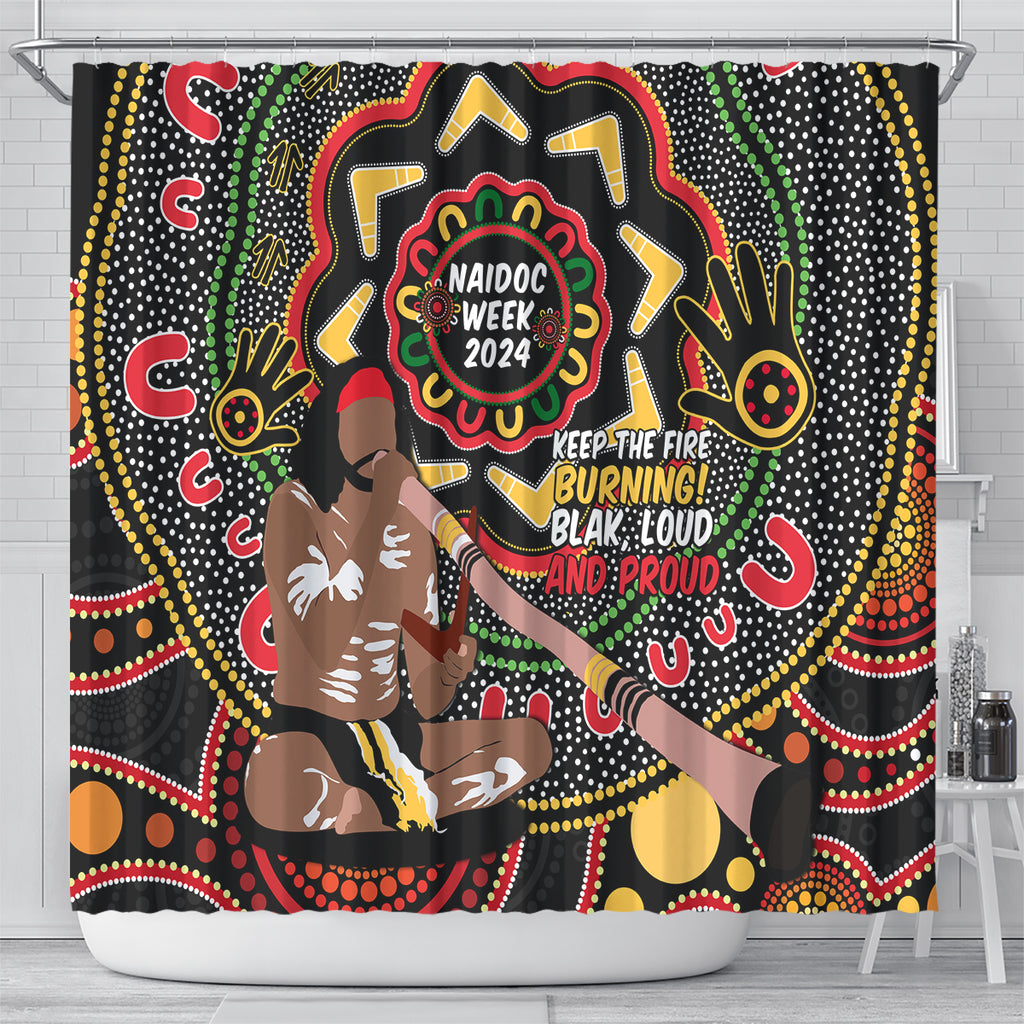 Australia Didgeridoo NAIDOC Week 2024 Shower Curtain Keep The Fire Burning Blak Loud and Proud