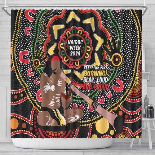 Australia Didgeridoo NAIDOC Week 2024 Shower Curtain Keep The Fire Burning Blak Loud and Proud